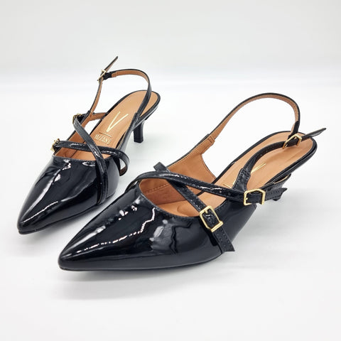 Vizzano 1122-885 Kitten Heel Pointy Toe Slingback Pump in Black Patent