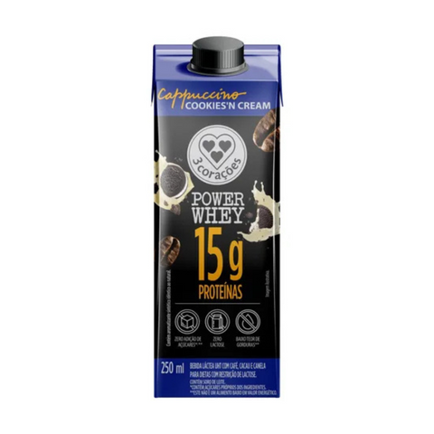 Bebida Láctea UHT Cappuccino Cookies'n Cream Zero Lactose 3 Corações Power Whey