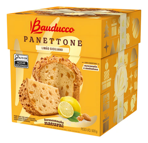 Panettone com Limão Siciliano e Passas Brancas Cobertura Açucarada e Amêndoas Bauducco Caixa 500g