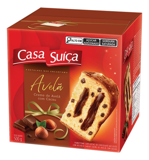 Panettone com Gotas de Chocolate ao Leite Recheio Creme de Avelã Casa Suíça Caixa 500g