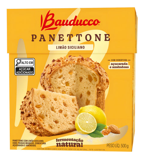 Panettone com Limão Siciliano e Passas Brancas Cobertura Açucarada e Amêndoas Bauducco Caixa 500g