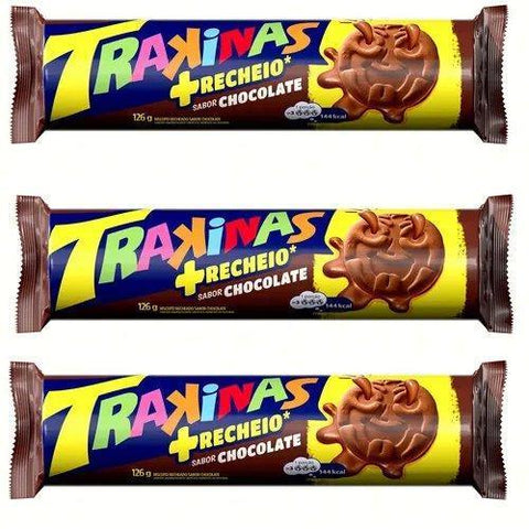 Biscoito Recheio Chocolate Trakinas 3 X 126g - MEUBRASILONLINE